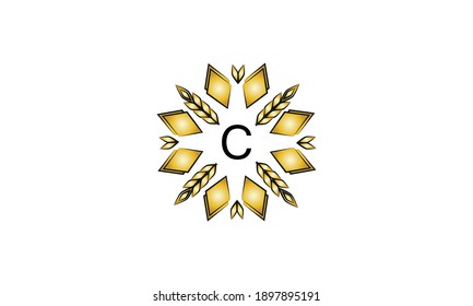 Logo decorativo con formas geométricas y puntas sobre fondo blanco.Signo vectorial creativo, ilustración del emblema con letra C. Emblema ecológico.