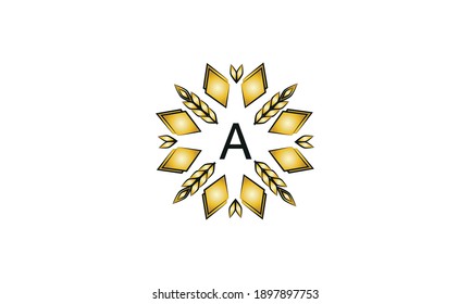 Decorative logo with geometric shapes and spikelets on a white background.Creative vector sign, illustration of emblem with letter A. Eco emblem.