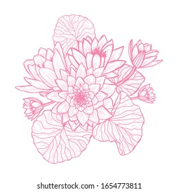 Decorative lotus flowers, design elements. Can be used for cards, invitations, banners, posters, print design. Floral background in line art style