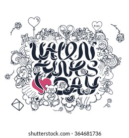 Decorative love composition with hearts, flowers, ornate elements in doodle style. Black and white design with hand drawn ribbon text.  Used for coloring book page, poster, banner, postcard
