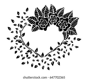 Decorative love frame composition with hearts, flowers, ornate elements in doodle style. Floral, ornate, decorative, tribal design elements. Black and white background. Zentangle coloring book page