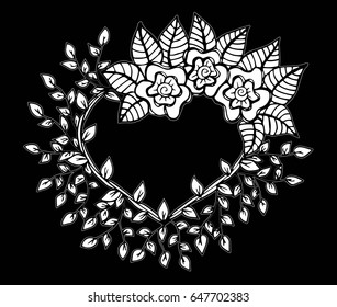 Decorative love frame composition with hearts, flowers, ornate elements in doodle style. Floral, ornate, decorative, tribal design elements. Black and white background. Zentangle coloring book page