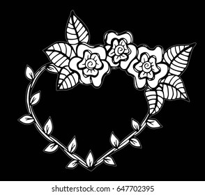 Decorative love frame composition with hearts, flowers, ornate elements in doodle style. Floral, ornate, decorative, tribal design elements. Black and white background. Zentangle coloring book page