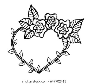 Decorative love frame composition with hearts, flowers, ornate elements in doodle style. Floral, ornate, decorative, tribal design elements. Black and white background. Zentangle coloring book page