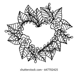 Decorative love frame composition with hearts, flowers, ornate elements in doodle style. Floral, ornate, decorative, tribal design elements. Black and white background. Zentangle coloring book page