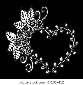 Decorative love frame composition with hearts, flowers, ornate elements in doodle style. Floral, ornate, decorative, tribal design elements. Black and white background. Zentangle coloring book page