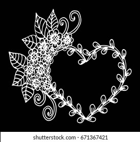Decorative love frame composition with hearts, flowers, ornate elements in doodle style. Floral, ornate, decorative, tribal design elements. Black and white background. Zentangle coloring book page