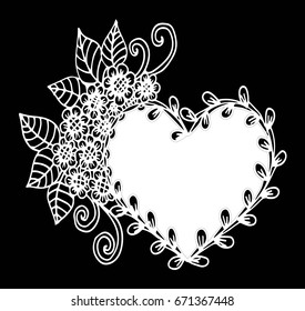 Decorative love frame composition with hearts, flowers, ornate elements in doodle style. Floral, ornate, decorative, tribal design elements. Black and white background. Zentangle coloring book page
