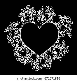 Decorative love frame composition with hearts, flowers, ornate elements in doodle style. Floral, ornate, decorative, tribal design elements. Black and white background. Zentangle coloring book page