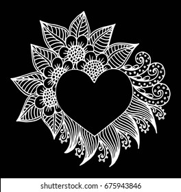 Decorative love frame composition with hearts, flowers, ornate elements in doodle style. Floral, ornate, decorative, tribal design elements. Black and white background. Zentangle coloring book page