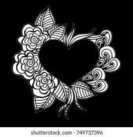 Decorative love frame composition with hearts, flowers, ornate elements in doodle style. Floral, ornate, decorative, tribal design elements. Black and white background. Zentangle coloring book page