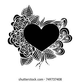 Decorative love frame composition with hearts, flowers, ornate elements in doodle style. Floral, ornate, decorative, tribal design elements. Black and white background. Zentangle coloring book page