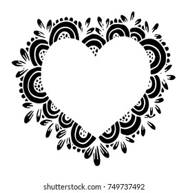 Decorative love frame composition with hearts, flowers, ornate elements in doodle style. Floral, ornate, decorative, tribal design elements. Black and white background. Zentangle coloring book page