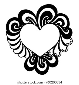 Decorative love frame composition with hearts, flowers, ornate elements in doodle style. Floral, ornate, decorative, tribal design elements. Black and white background. Zentangle coloring book page