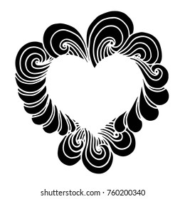 Decorative love frame composition with hearts, flowers, ornate elements in doodle style. Floral, ornate, decorative, tribal design elements. Black and white background. Zentangle coloring book page