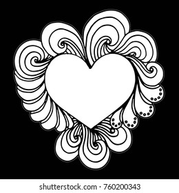 Decorative love frame composition with hearts, flowers, ornate elements in doodle style. Floral, ornate, decorative, tribal design elements. Black and white background. Zentangle coloring book page