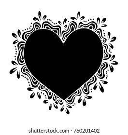 Decorative love frame composition with hearts, flowers, ornate elements in doodle style. Floral, ornate, decorative, tribal design elements. Black and white background. Zentangle coloring book page
