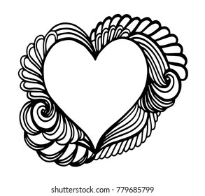 Decorative love frame composition with hearts, flowers, ornate elements in doodle style. Floral, ornate, decorative, tribal design elements. Black and white background. Zentangle coloring book page