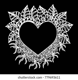 Decorative love frame composition with hearts, flowers, ornate elements in doodle style. Floral, ornate, decorative, tribal design elements. Black and white background. Zentangle coloring book page