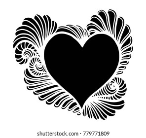 Decorative love frame composition with hearts, flowers, ornate elements in doodle style. Floral, ornate, decorative, tribal design elements. Black and white background. Zentangle coloring book page
