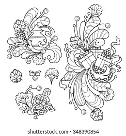 Decorative love frame with hearts, flowers, ornate elements in doodle style. Floral, ornate, decorative, tribal design elements. Black and white background. Zentangle coloring book page