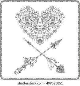 Decorative Love Heart with decorative arrows in rococo, victorian, renaissance, baroque, royal style. Vector illustration. Coloring book for adult and older children. Outline drawing coloring page.