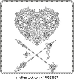 Decorative Love Heart with decorative arrows in rococo, victorian, renaissance, baroque, royal style. Vector illustration. Coloring book for adult and older children. Outline drawing coloring page.