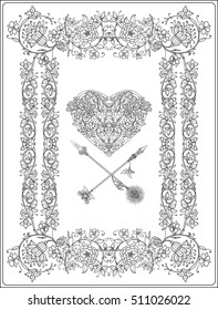 Decorative Love Heart with decorative arrows in rococo, victorian, renaissance, baroque, royal style.  Vector illustration. Coloring book for adult and older children. 