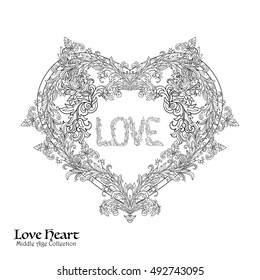 Decorative Love Heart in baroque, royal style. Good for greeting card for birthday, invitation or banner. Vector illustration. Outline drawing. Coloring book for adult. Outline drawing coloring page.