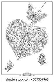 Decorative Love Heart with flowers and butterflies. Valentines day card. Coloring book for adult and older children. Coloring page. Outline drawing. Vector illustration