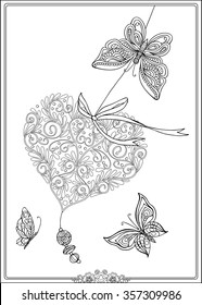 Decorative Love Heart with flowers and butterflies. Valentines day card. Coloring book for adult and older children. Coloring page. Outline drawing. Vector illustration