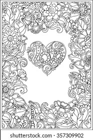 Decorative Love Heart with flowers. Valentines day card. Coloring book for adult and older children. Coloring page. Outline drawing. Vector illustration