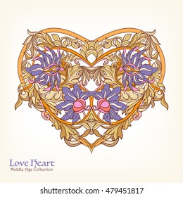 Decorative Love Heart in rococo, victorian, renaissance, baroque, royal style. Good for greeting card for birthday, invitation or banner. Vector illustration. 