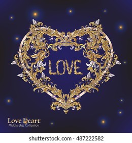 Decorative Love Heart in rococo, victorian, renaissance, baroque, royal style. Good for greeting card for birthday, invitation or banner. Vector illustration. Gold on black background.
