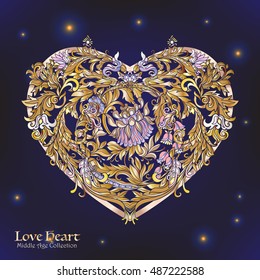 Decorative Love Heart in rococo, victorian, renaissance, baroque, royal style. Good for greeting card for birthday, invitation or banner. Vector illustration. Gold on black background.