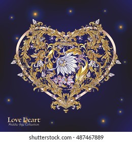 Decorative Love Heart in rococo, victorian, renaissance, baroque, royal style. Good for greeting card for birthday, invitation or banner. Vector illustration. Gold on black background.