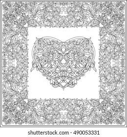 Decorative Love Heart in rococo, victorian, renaissance, baroque, royal style. Greeting card for birthday, invitation or banner. Coloring book for adult and older children. Outline coloring page.