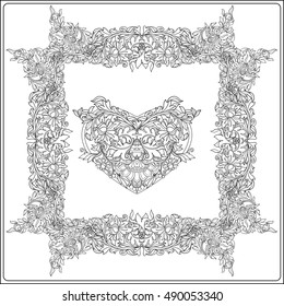 Decorative Love Heart in rococo, victorian, renaissance, baroque, royal style. Greeting card for birthday, invitation or banner. Coloring book for adult and older children. Outline coloring page.