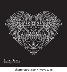 Decorative Love Heart in rococo, victorian, renaissance, baroque, royal style. Good for greeting card for birthday, invitation or banner. Vector illustration. White on black background.