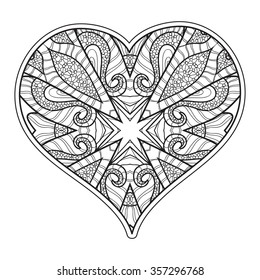 Decorative Love Heart. Vector illustration. Coloring book for adult and older children.