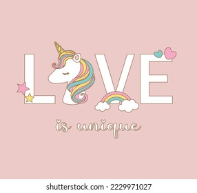 Decorative Love Slogan with Cute Unicorn Illustration, Vector Design for Fashion and Poster Prints, Card, Sticker, Wall Art, Kids Fashion, Nursery