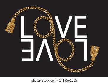 Decorative Love Text with Golden Chain Vector for Fashion and Poster Prints