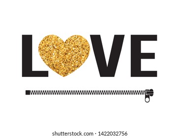 Decorative Love Text with Golden Glitter Heart Ornament and Zipper Vector