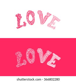 Decorative love word in gradient pink color.Valentines day element with word love on pink background. Design greeting cards and banners. Concept for wedding invitation.