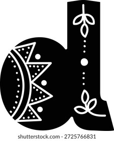 Dekorative Kleinbuchstaben d mit Volksornamenten, Punkten und Blattmotiv in fett Silhouette. Symbol für Handwerk, Erbe, Lernen und Identität für Branding und Bildung. Cartoon, Vektorgrafik.