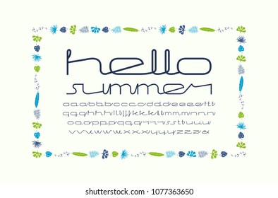 Decorative lowercase extended font and frame. Letters design in handwritten style. Color print on white background 