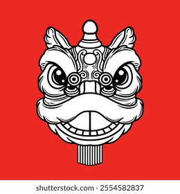 Decorative Lunar New Year Lion Dance Head Vector, Lion Dance Costume Vector Illustration, Chinese New Year Asia Lion Dance Head Doodle Vector.