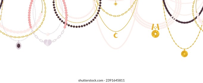 Decorative luxury necklaces banner. Jewelry store poster template, gold and silver chains. Pearls and gems, jewelries vector background