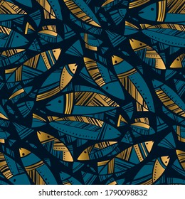 Decorative luxury style abstract fish silhouette seamless pattern for background, wrap, fabric, textile, wrap, surface, web and print design. Fishing concept rapport 