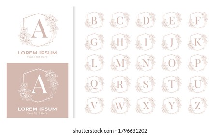 Decorativo conjunto de alfabetos con el logo del logo de la boda de lujo. marco floral para el logotipo de marca y diseño de tarjeta de invitación